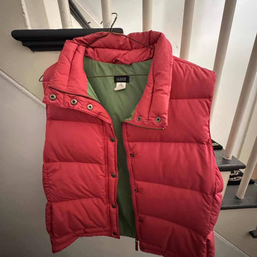 J. Crew Coral Red Puffer Vest with Green Lining